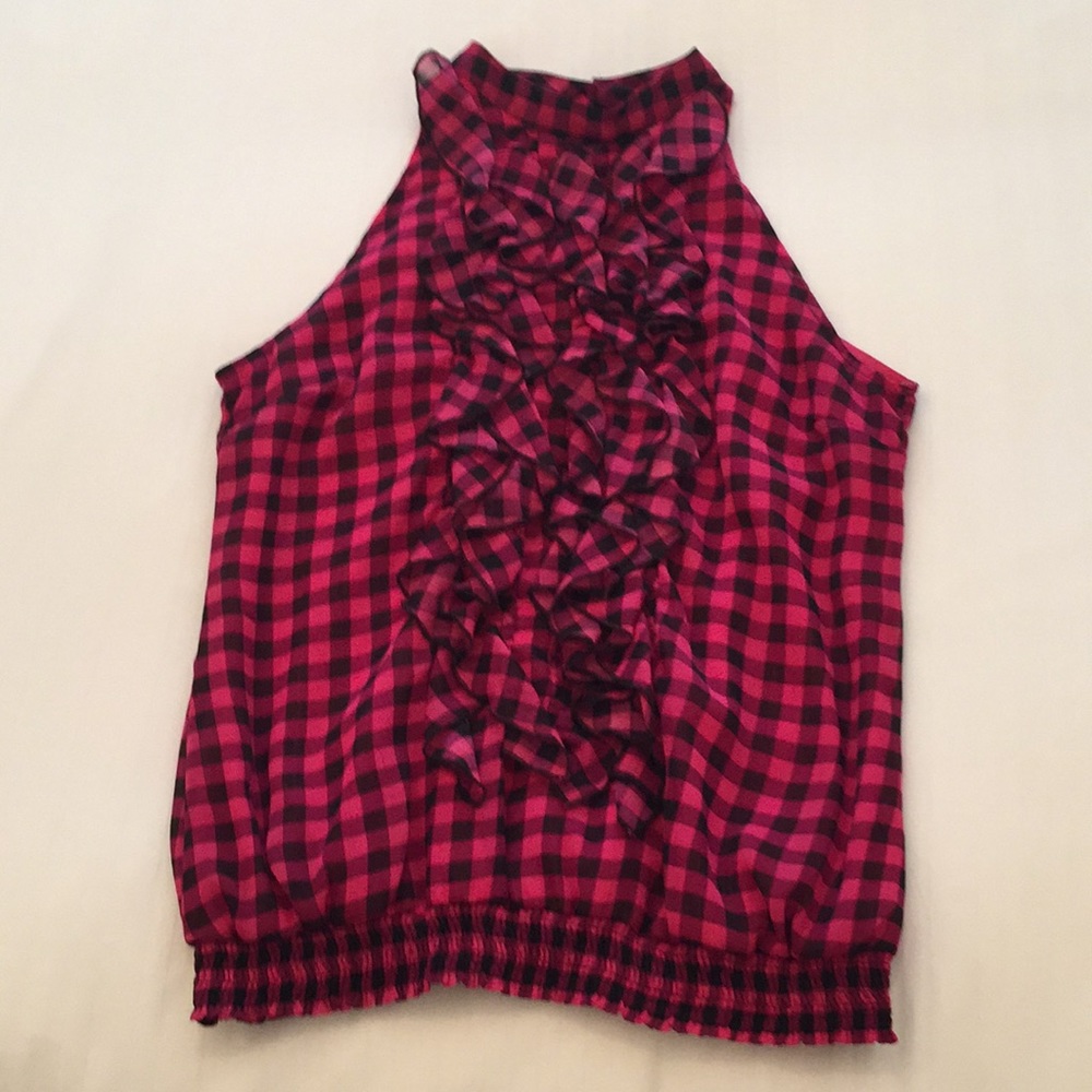 Xhiliration Blouse w/Ruffle Detail - Pink Plaid